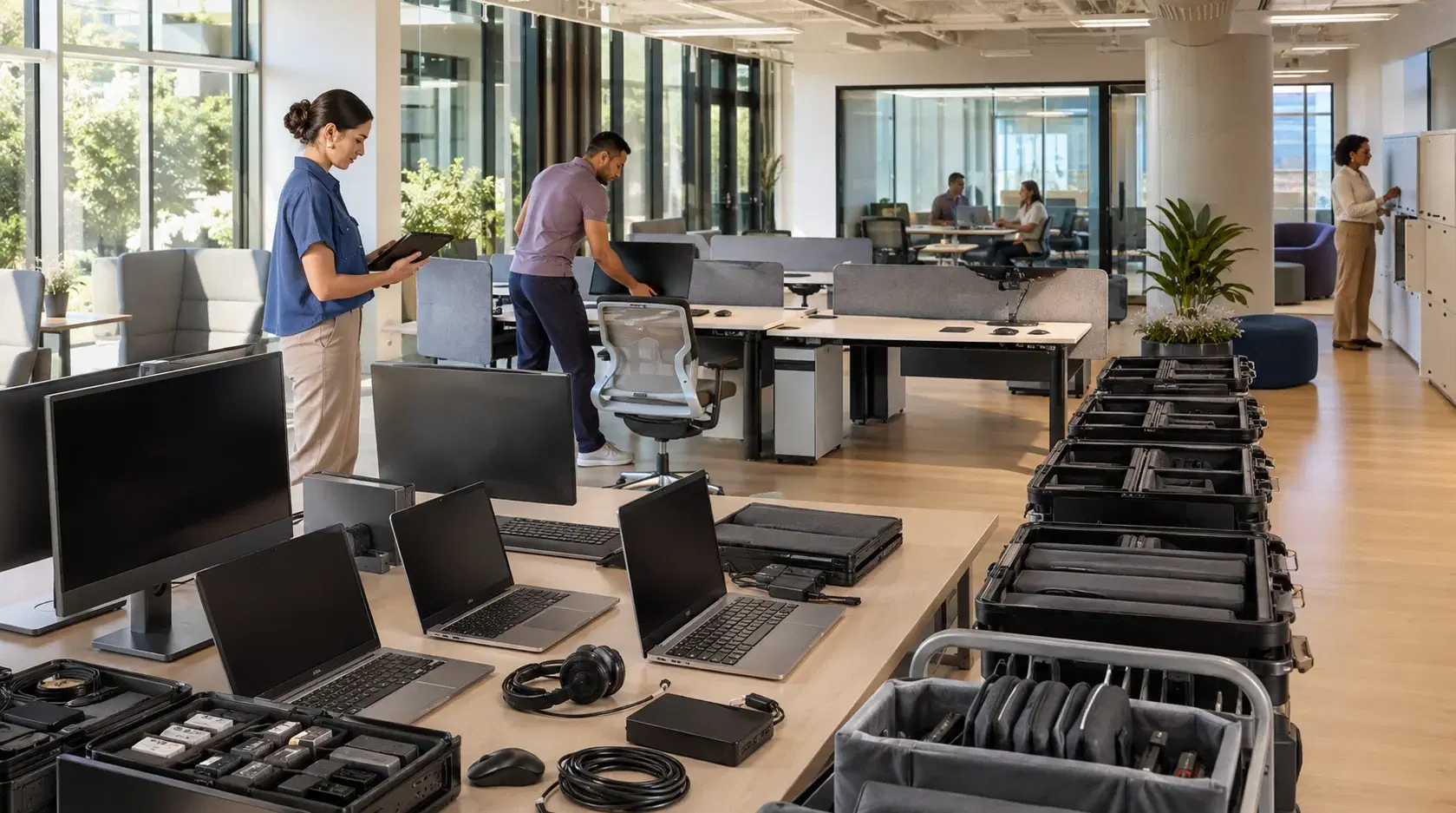 A workplace operations team preparing equipment inside a modern co-working space